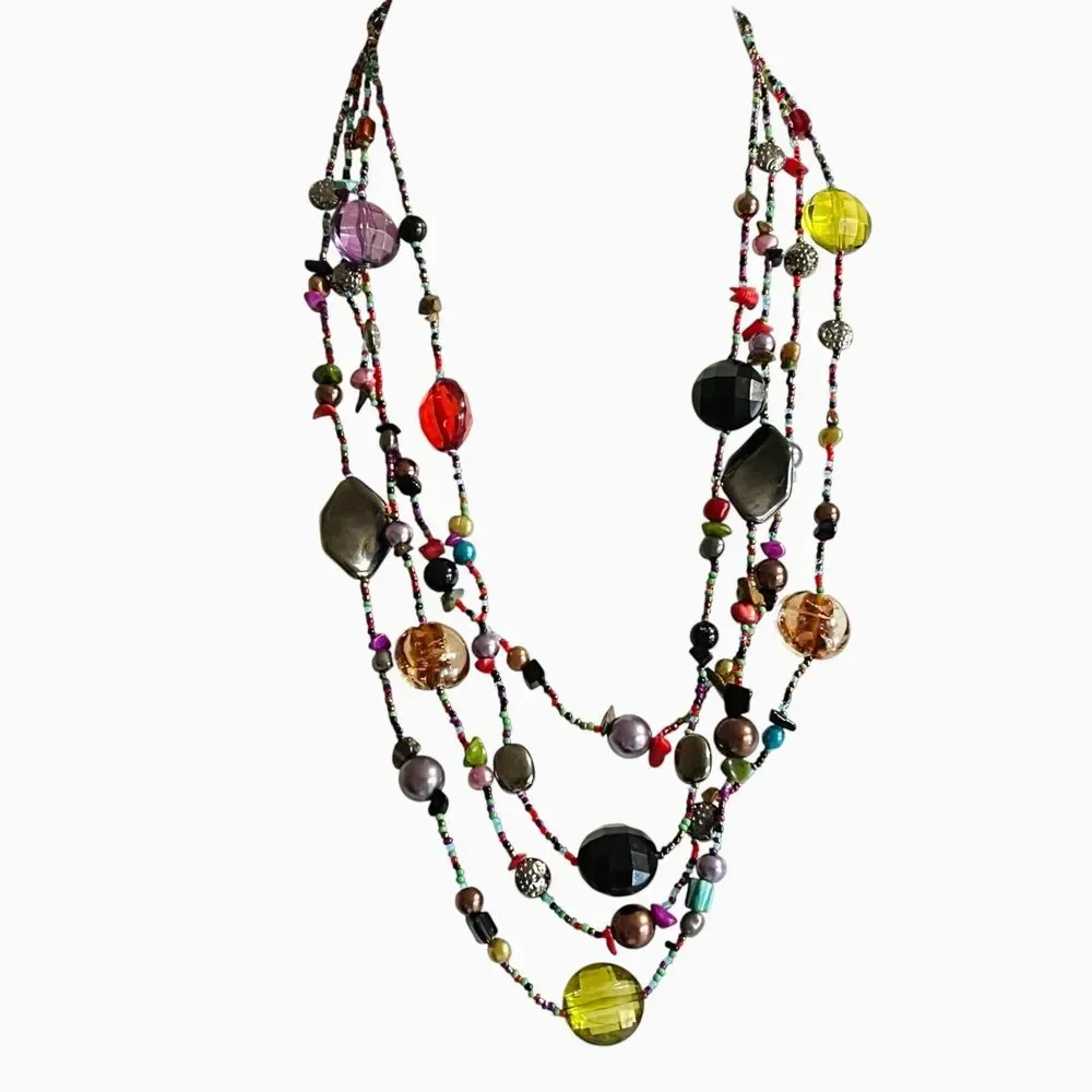 Colorful Necklace Multi Strand Glass Stone Shell Acrylic Bohemian Layered Beaded
